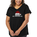 Camiseta De Talla Grande Cuello En V Word Art Para Mujer - Perro Navide&ntilde;o Asom&aacute;ndose- Negro