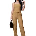 Conjunto Casual 2 Piezas, Blusa Sin Mangas Y Pantal&oacute;n Recto Conj-0142 Beige Estilo Moderno Y Vers&aacute;til Para Mujer