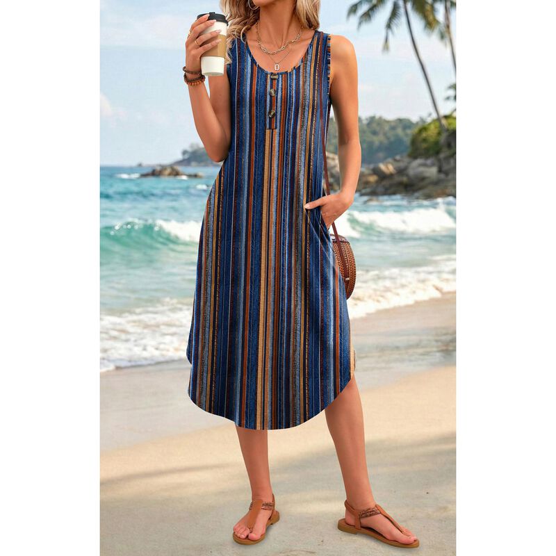 Vestido Wiholl Cuello Redondo Midi Rayas Azules image number null