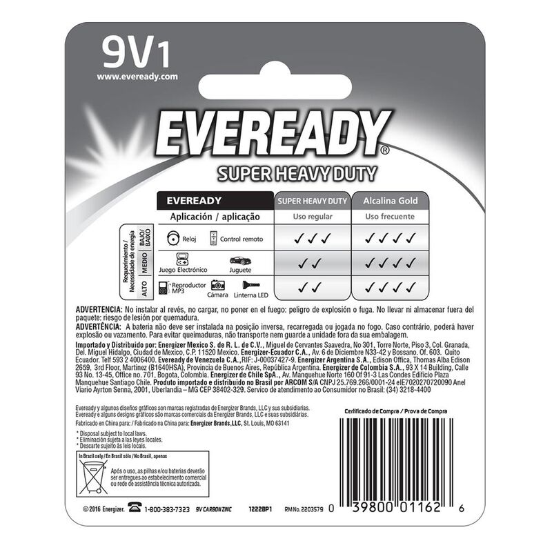Pila Eveready Carb&oacute;n Zinc 9v Cuadrada image number null