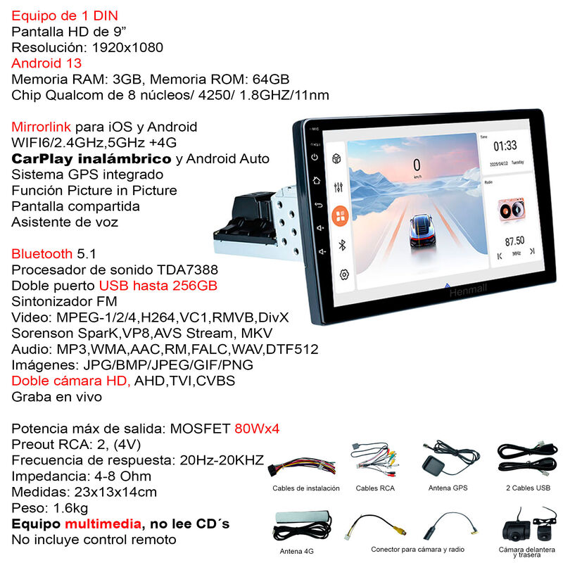 Autoestereo Vak 3900 1 Din 9 Con 2 Camaras Andr... image number null