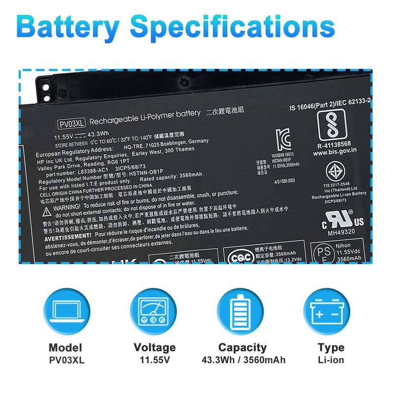 Bater&iacute;a Boweirui Pv03xl 11,55 v 43,3 wh Hp Pavi... image number null