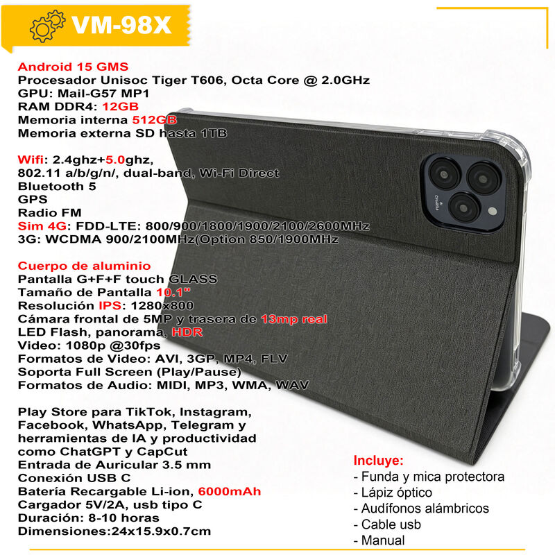 VAK TABLET 98X 10" OCTACORE 12+512 LAPIZ ANDROI... image number null