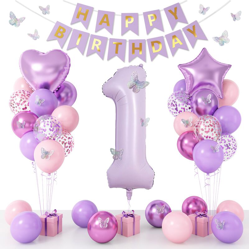 Globos Dagetar 1er Cumplea&ntilde;os Rosa Y Morado Par... image number null