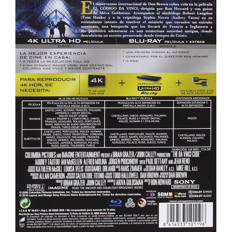 El C&oacute;digo Da Vinci (4k Ultra Hd) [blu-ray] image number null