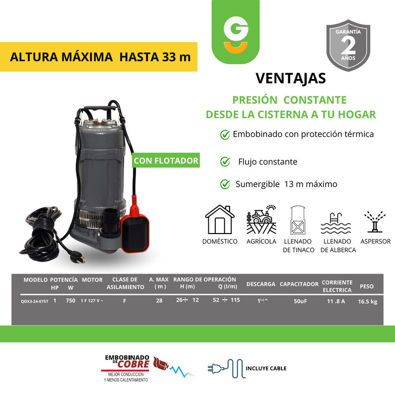 Bomba Sumergible Agua 1 Hp 750 W Igoto Qdx3-24-... image number null
