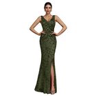 Vestido Blueplum L Verde Oliva con Lentejuelas, Escote en V, Corte Sirena