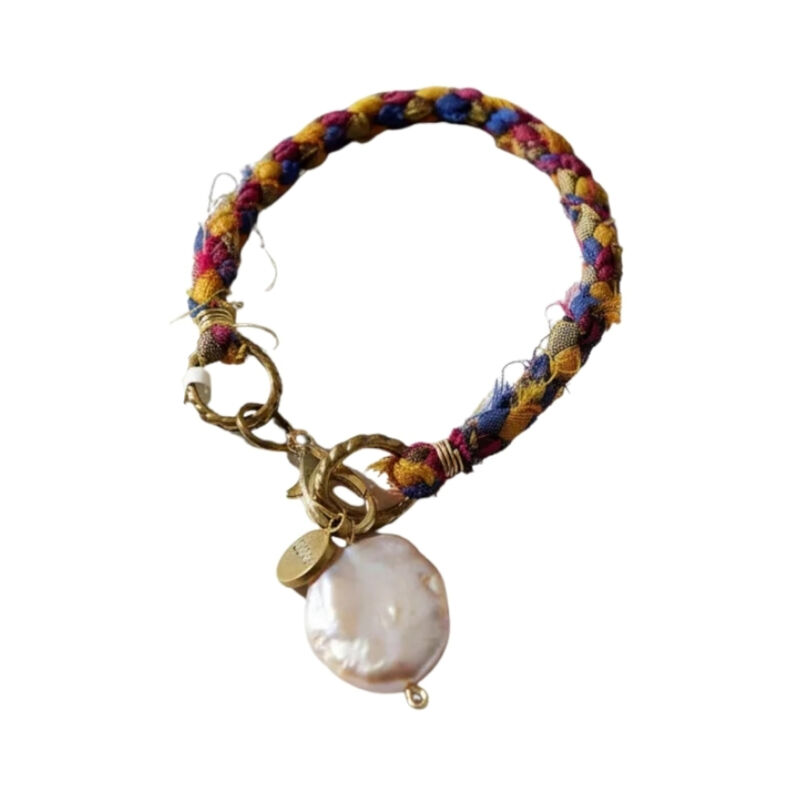 Pulsera Tejida Con Tela Y Dije Plano De Pirita ... image number null