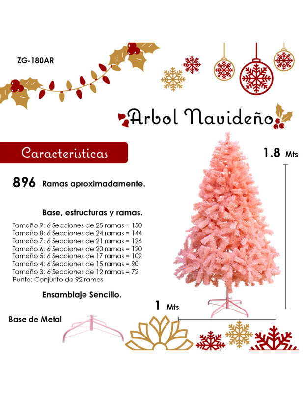 Árbol pino de Navidad rosa 180 cm vara de estre... image number null
