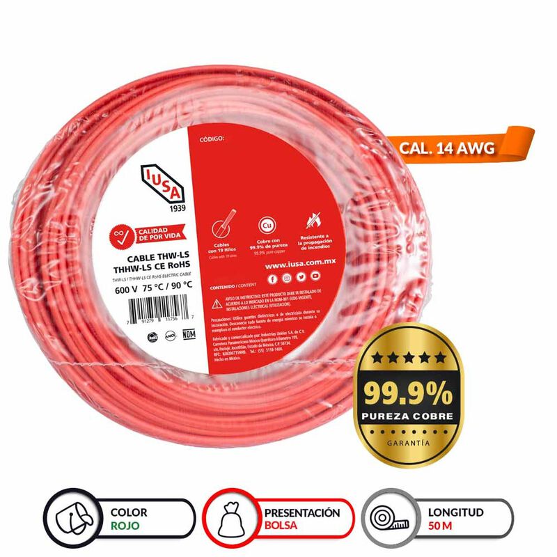 Cable Thhw-ls Rohs Calibre 14 Awg Rojo 50m image number null