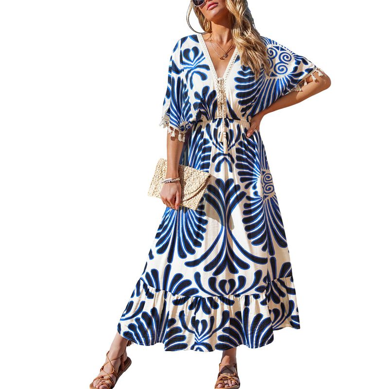 Vestido Maxi Cupshe Azul con Escote en V, Manga... image number null