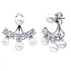 Aretes en Baño de Oro Blanco de 18K de Abanico 2 en 1 con Perlas Blancas Y  Cristales Blancos Corte Princesa