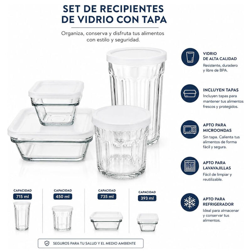 Juego De 4 Recipientes De Vidrio Para Meal Prep... image number null