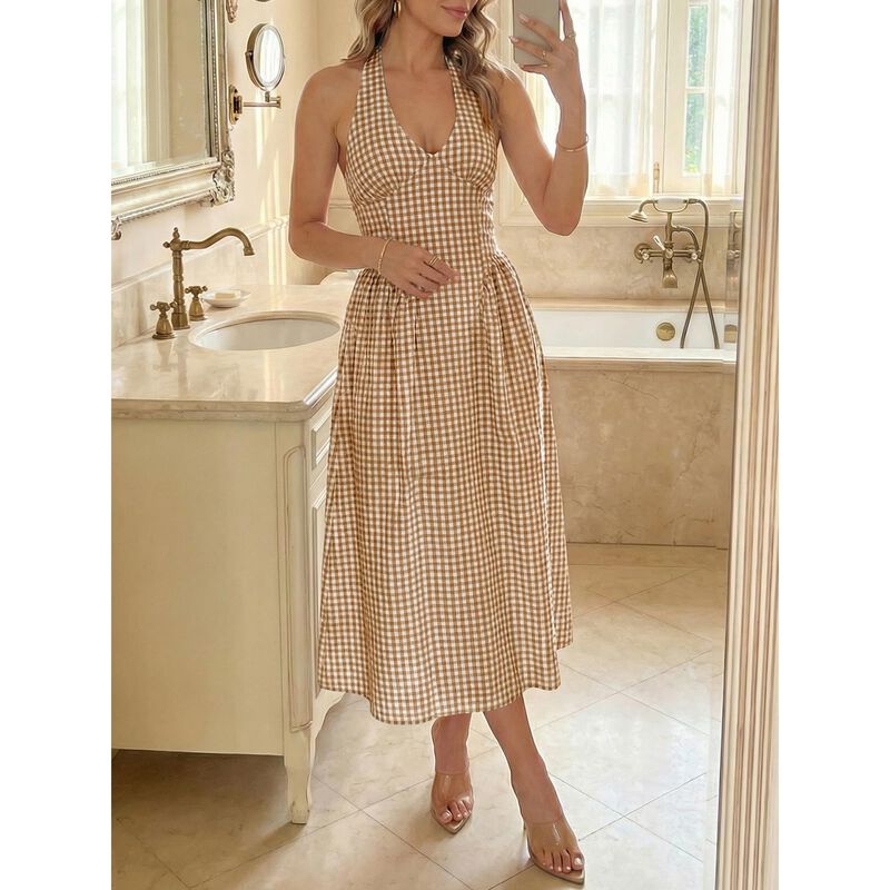 Vestido Maxi Wenrine Halter Cuadros Detalle Cor... image number null