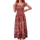 Vestido Largo Para Mujer,ves-1055 Rojo Vestido Casual Midi Con Estampado Elegante Y Manga Con Volante Para Dama