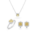 Juego De Anillo Arracadas Y Gargantilla De Plata Blanca 925 Con Zirconias Blancas Y Amarillas