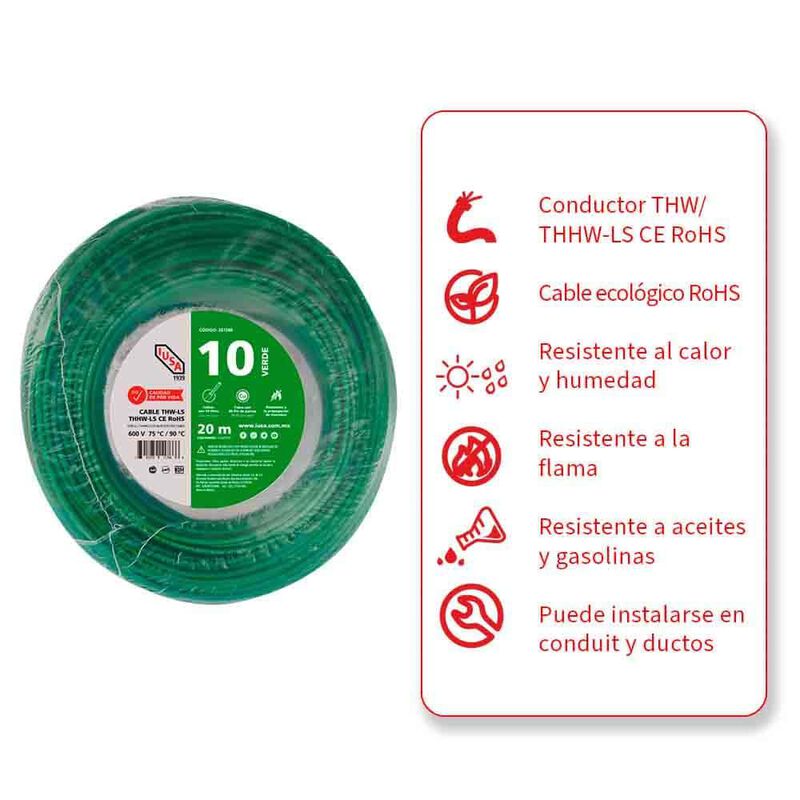 Cable Thhw-ls Rohs Calibre 10 Awg Verde 20m image number null