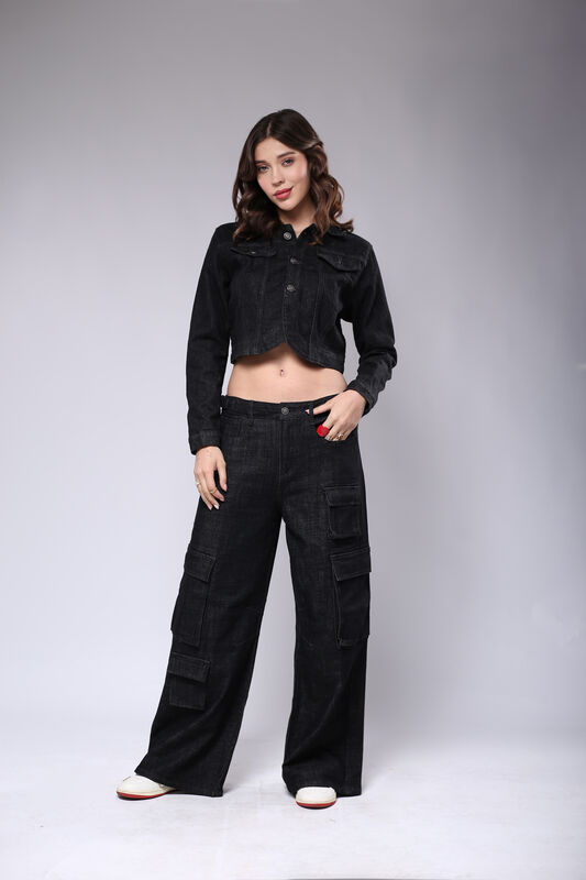 Pantal&oacute;n Cargo Negro Recto Mujer Mezclilla Tiro... image number null