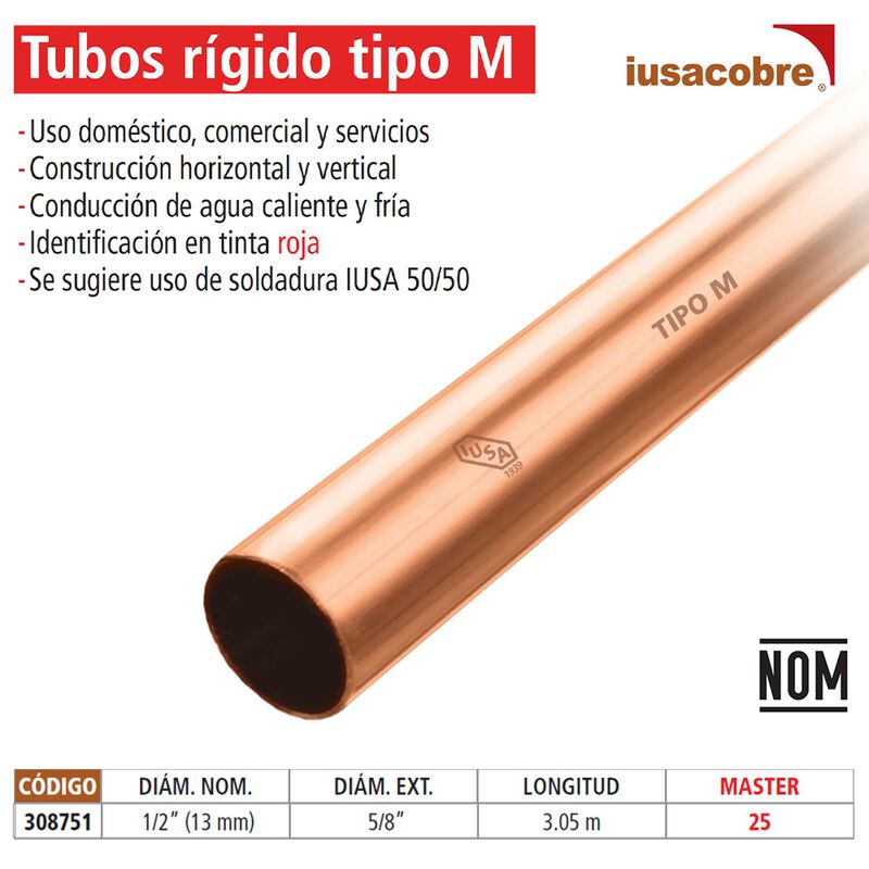 Tubo De Cobre Tipo &rdquo;m&rdquo; Tramo De 3.05 M 1/2&rdquo;, 25... image number null