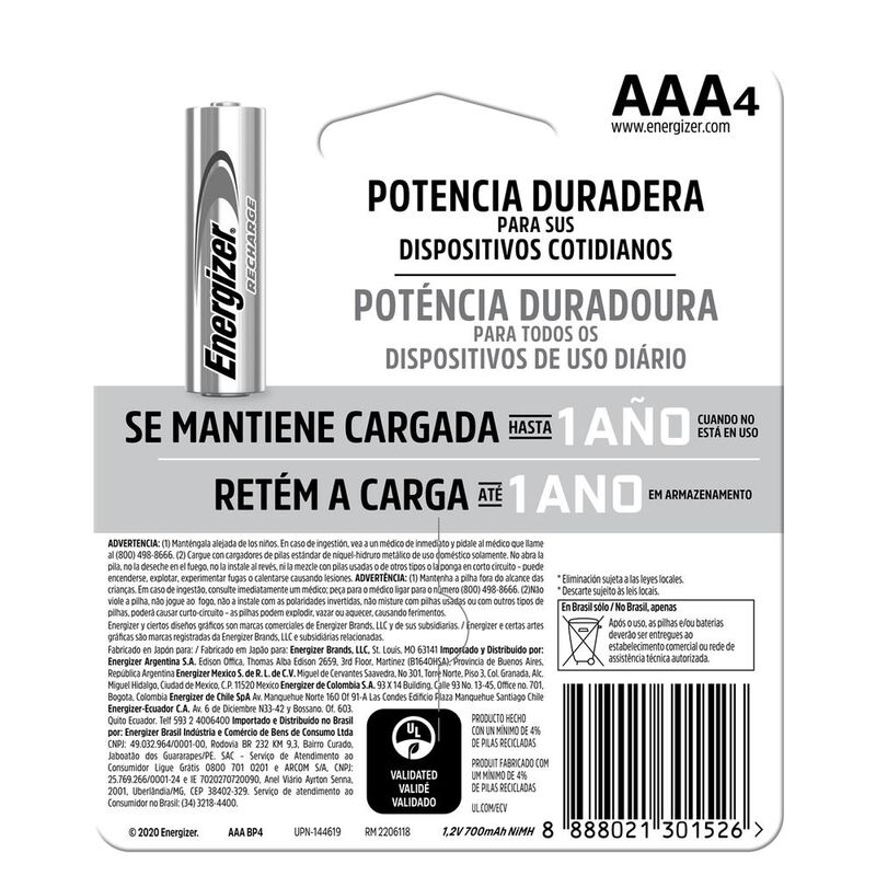Pilas Recargables Energizer AAA 700 Mah Blister... image number null