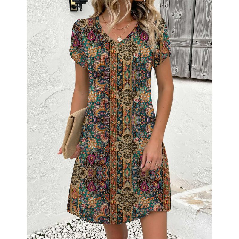 Vestido Boho Zeagoo Estampado Tropical Marr&oacute;n image number null