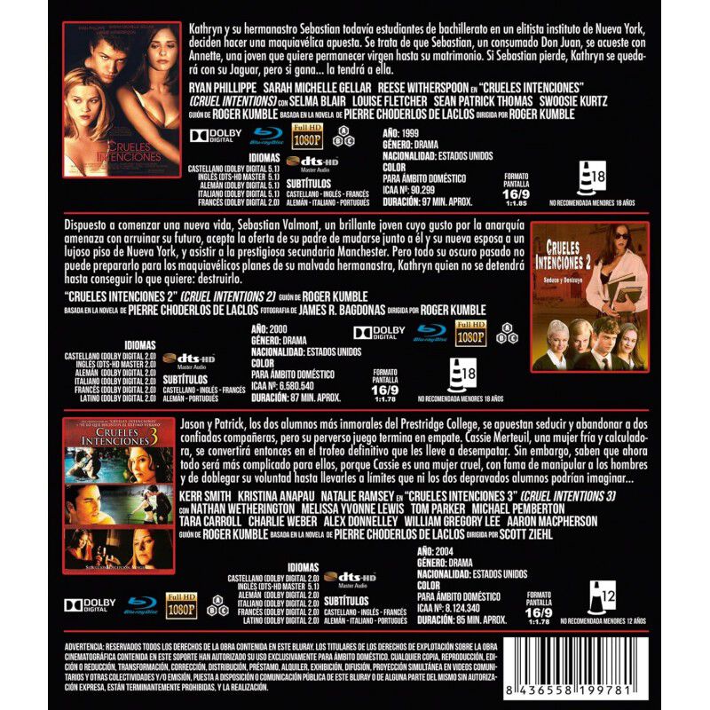 Crueles Intenciones 1, 2 Y 3 [blu-ray] (1999,20... image number null