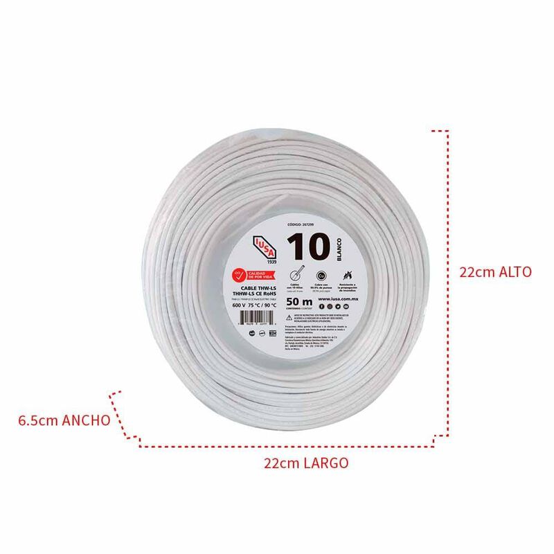 Cable Thhw-ls Rohs Calibre 10 Awg Blanco 50m image number null