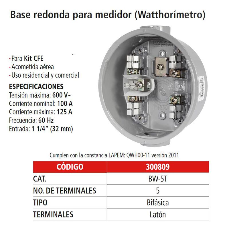 Base Medidor De Luz, 5 Terminales De Lat&oacute;n image number null