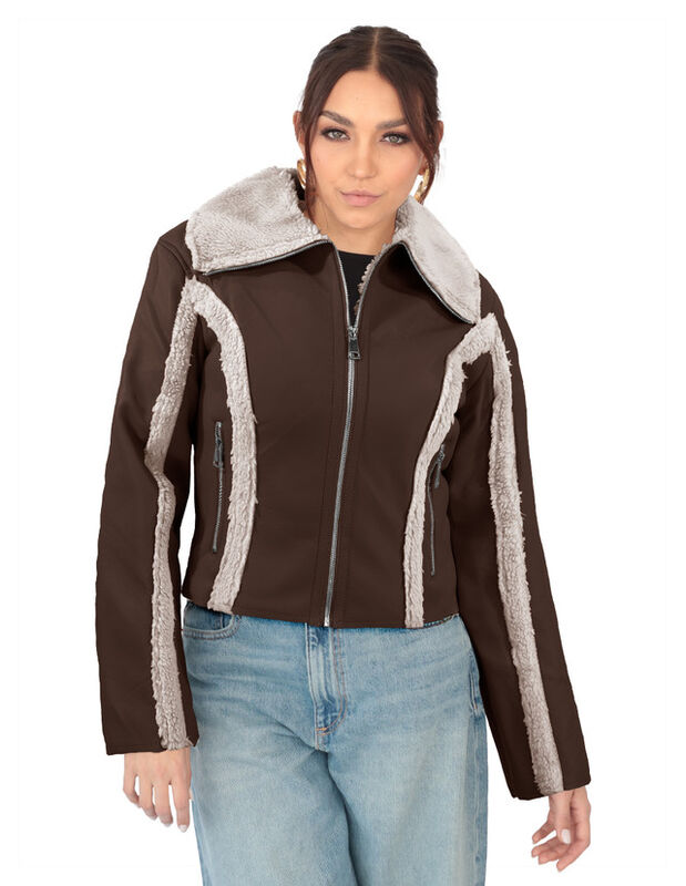 Chamarra Mujer Vinipiel Cuello Aborregado Café ... image number null