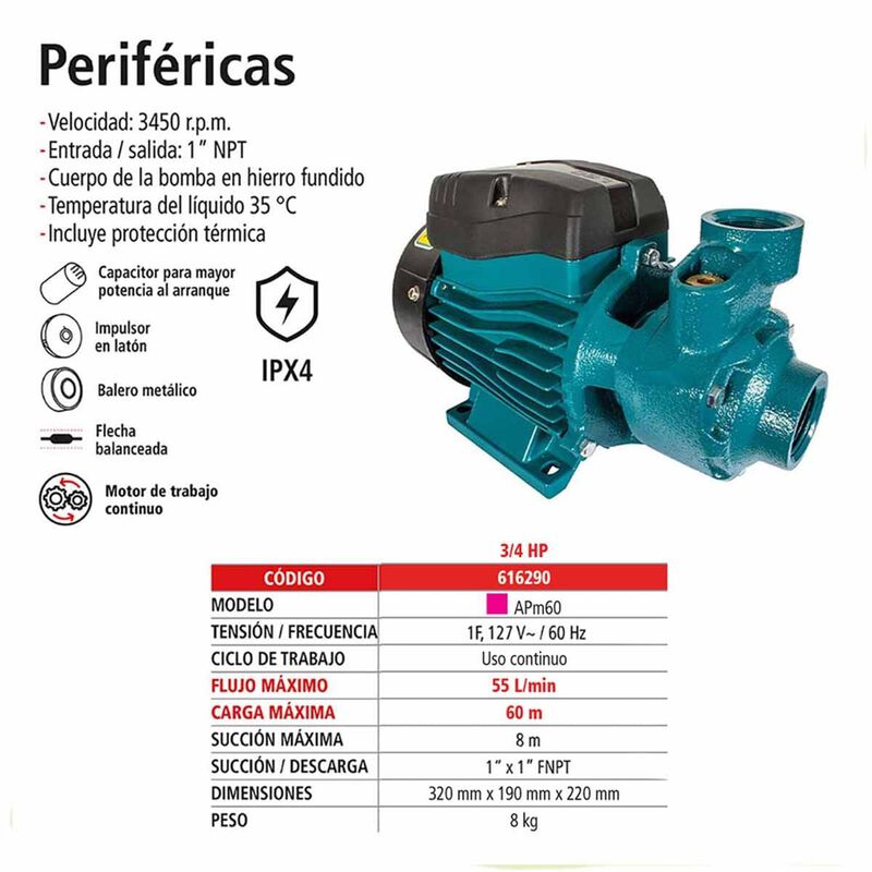 Bomba El&eacute;ctrica Perif&eacute;rica &frac34; Hp image number null