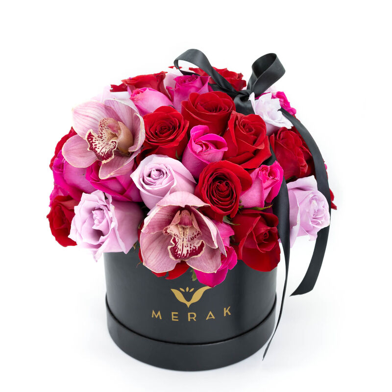 Caja de 50 Rosas Multicolor y Orqu&iacute;deas image number null