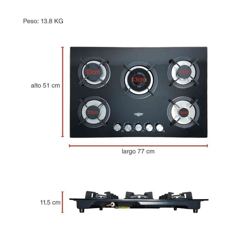 Parrilla Cristal Templado 5 Quemadores Negro Gu... image number null
