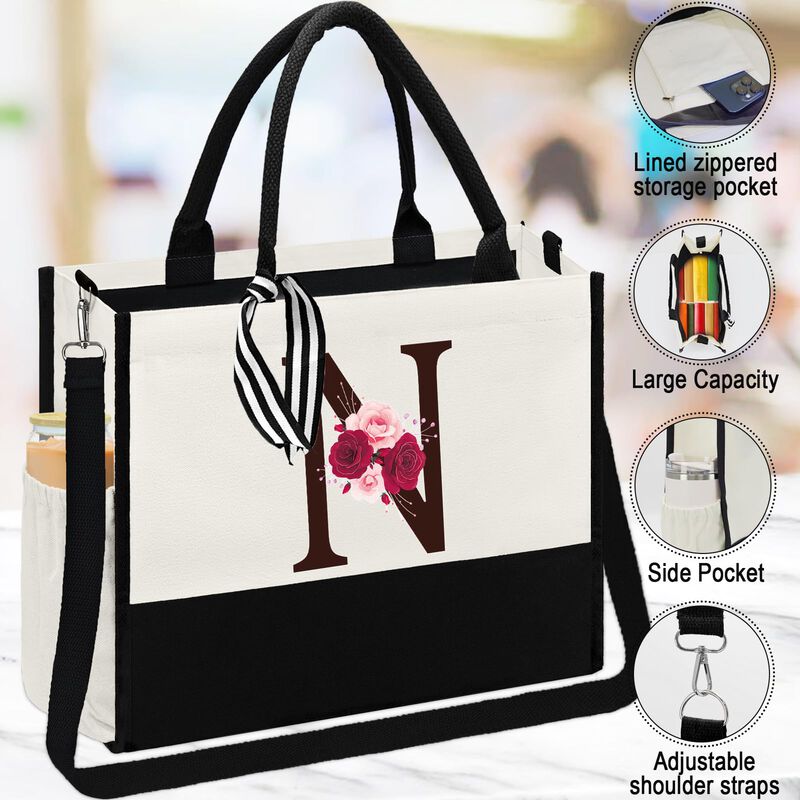 Bolso Tote De Lona Con Inicial Y Bolsillo &ndash; Set... image number null