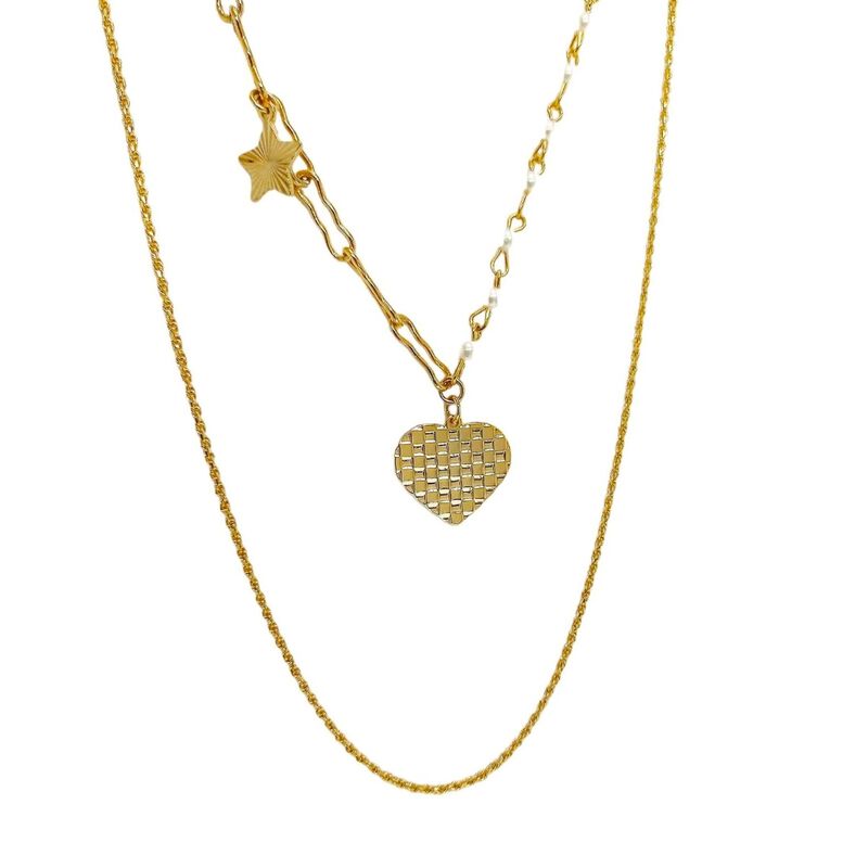 Collar Doble Coraz&oacute;n Estrella Chapa de oro 18k ... image number null