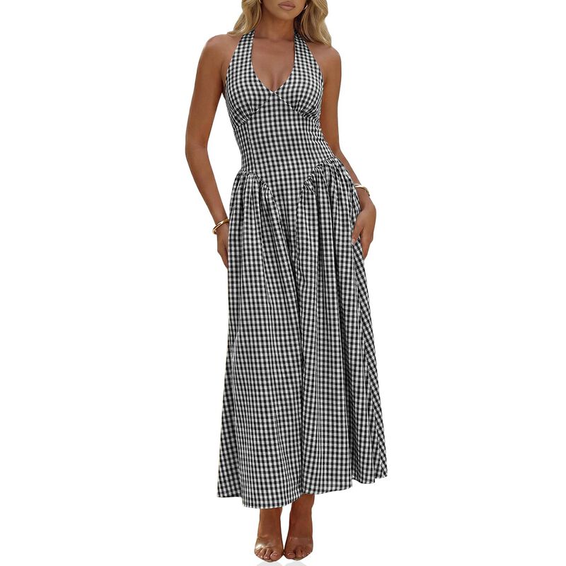 Vestido Maxi Cuadros Wenrine Escote Halter Cint... image number null