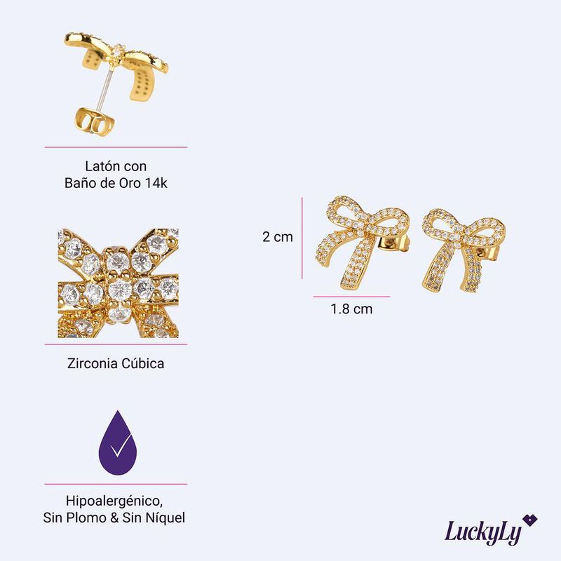 Aretes Mujer Oro 14k Zirconia Mo&ntilde;os Coquette Re... image number null