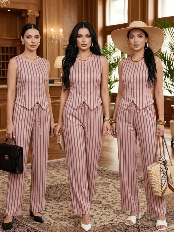 Conjunto 2 Piezas Chaleco Y Pantal&oacute;n Rayado Ele... image number null
