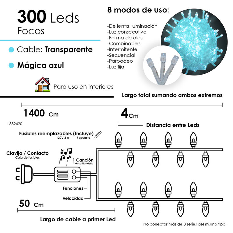 Serie Musical LED Azul 300 focos Cable Transpar... image number null