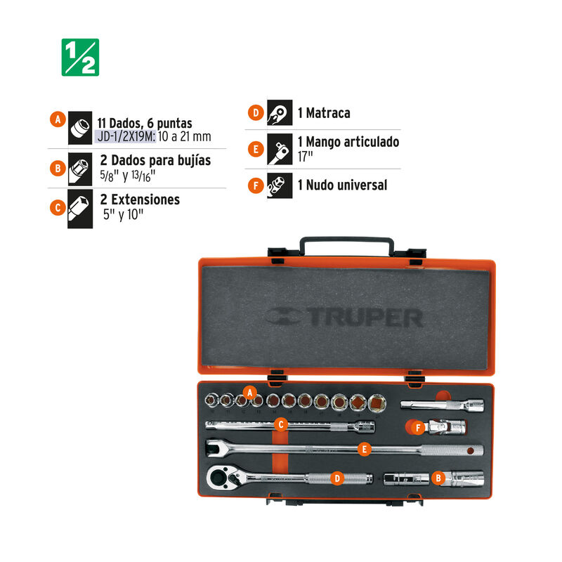 Juego de 18 Herramientas Cuadro 1/2' Mm para Me... image number null