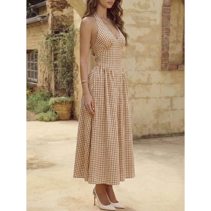 Vestido Maxi Wenrine Halter Cuadros Detalle Cor... image number null
