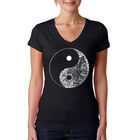Camiseta De Cuello En V Word Art Para Mujer - Yin Yang- Negro