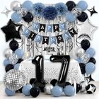Rbyoo Decoraciones Para Fiesta De 17.&ordm; Cumplea&ntilde;os Feliz Para Ni&ntilde;os Y Ni&ntilde;as, En Azul Polvo Y Negro, Con Pancarta &iexcl;feliz Cumplea&ntilde;os! N&uacute;mero 17, Globos, Pompones, Globos De Foil Y Cortina Decorativa