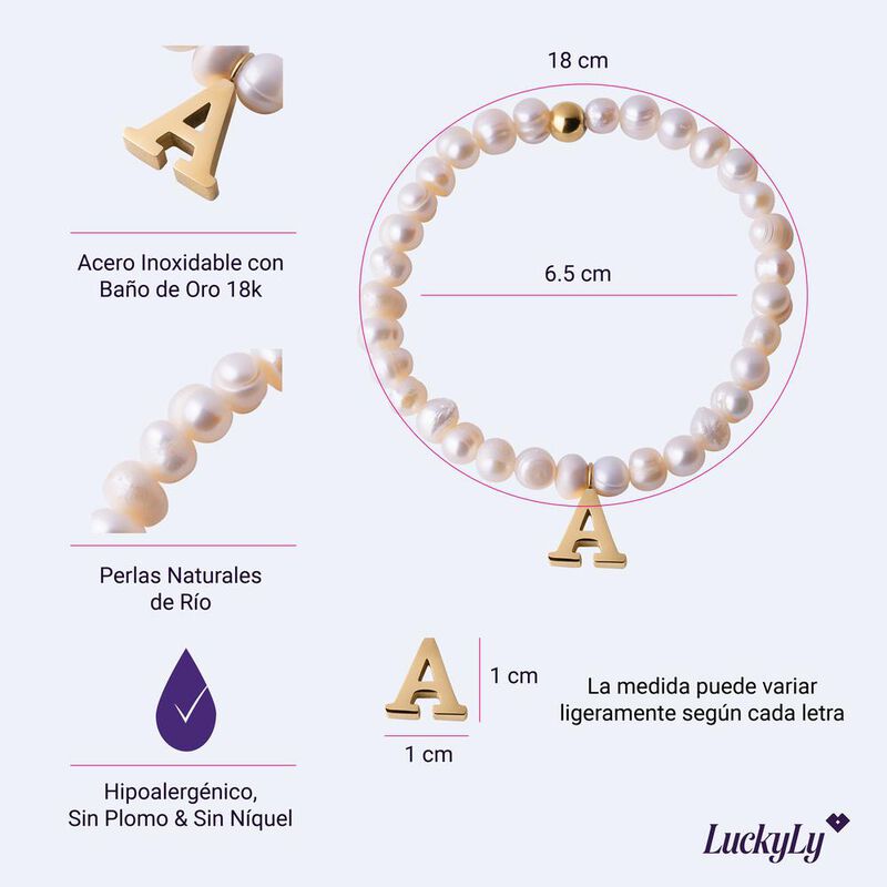 Pulseras Mujer Perlas Inicial Letra Oro 18k, Re... image number null