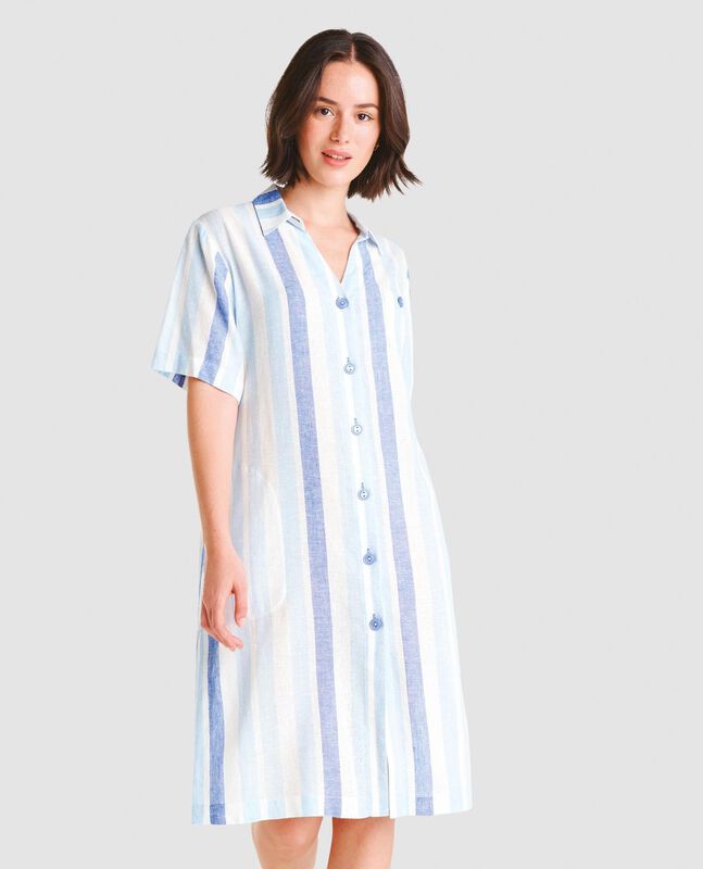 Vestido Corto de Rayas con Botones Azul image number null