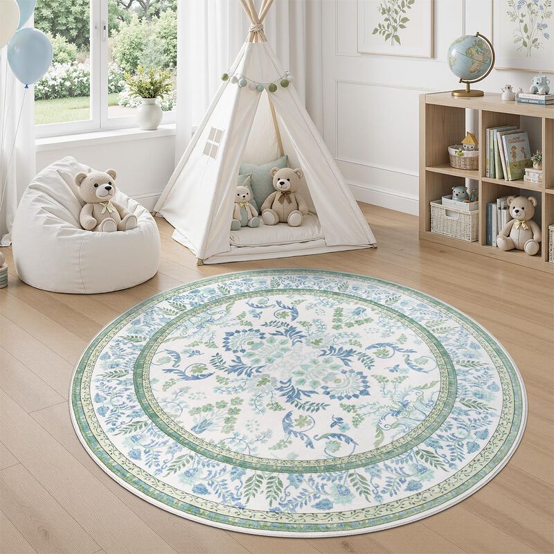 Alfombra Dcx 127 cm Floral Lavable Verde Y Azul image number null