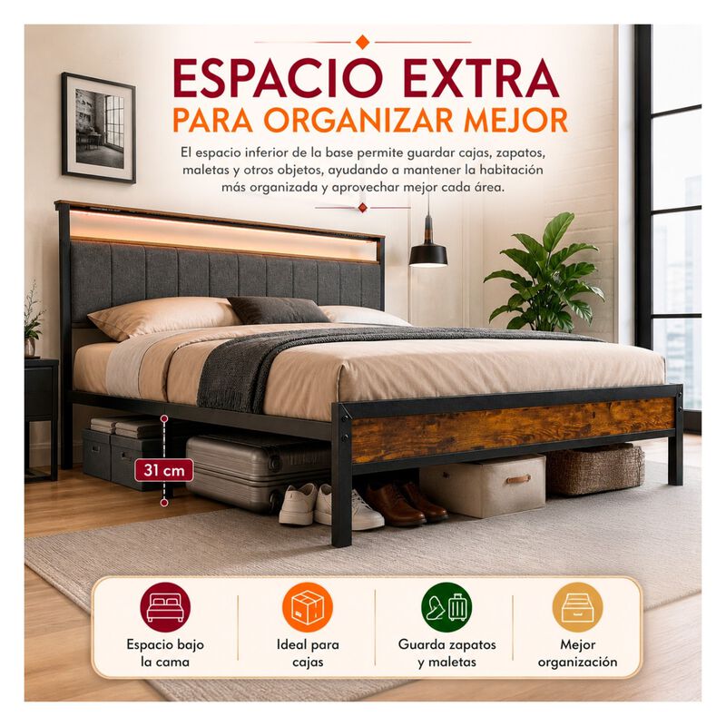 Base Matrimonial Cabecera Repisas Luz Led Usb C... image number null