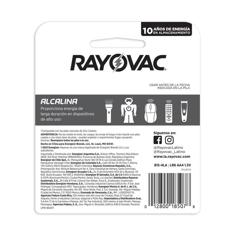 Pilas Rayovac Alcalinas Aa 1.5v Pack 4 Piezas image number null