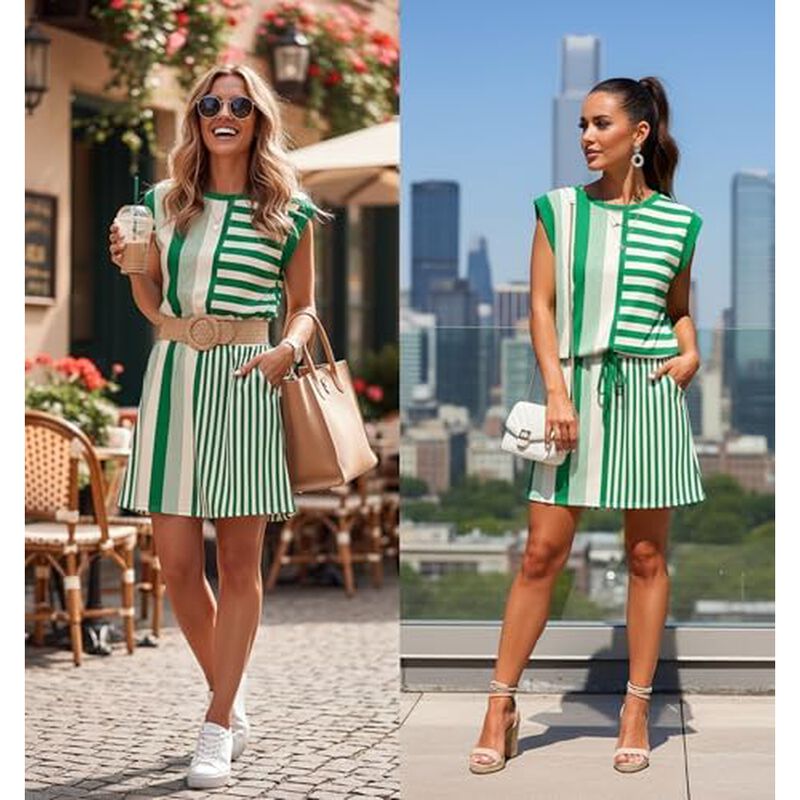 Vestido Mini ETCYY NEW Manga Corta Rayas Lazo image number null
