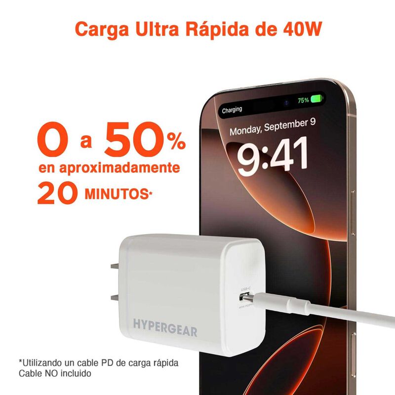 Cargador r&aacute;pido AC HYPERGEAR USB-C PD 40W GaN P... image number null