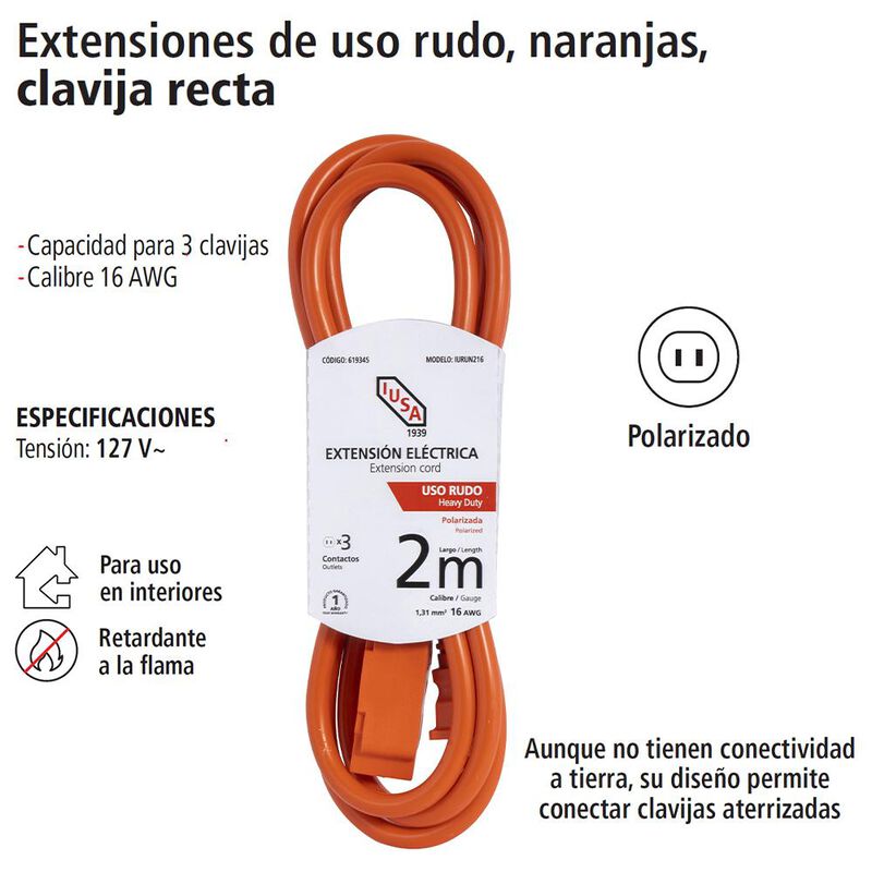 Extensi&oacute;n de Uso Rudo Naranja Clavija Recta 2m ... image number null